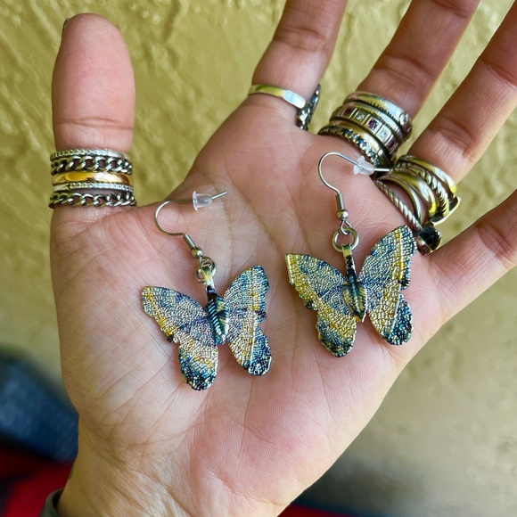 Dangly blue yellow butterfly earrings stainless steel post allergy free boho - Picture 6 of 8